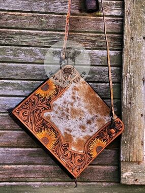 Handcrafted Leather Sunflower And Cowhide Three Ring Binder Crossbody